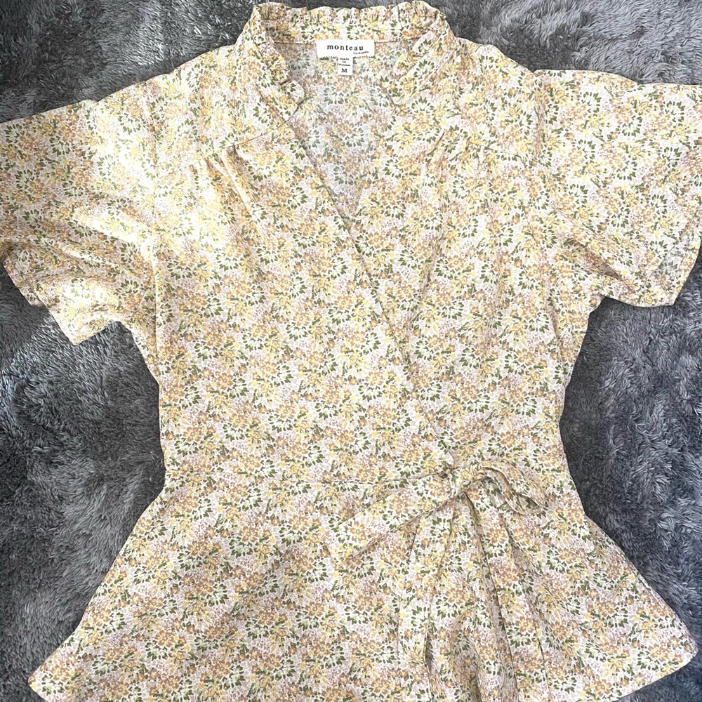 Yellow Floral Drawstring V-Neck Blouse